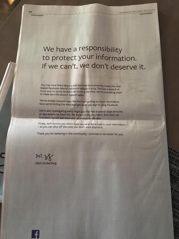 扎克伯格在英美9家报纸登报道歉 正式为泄密事件道歉