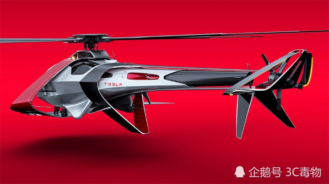 特斯拉直升机概念渲染图：电力驱动飞行额外设计四颗螺旋桨