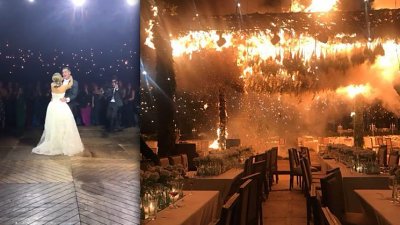 拍摄婚礼晚宴期间烟火引起场地着火，摄影师宾客急逃命