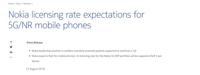 诺基亚公司公布5G许可费率价格优势明显