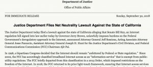 加州通过网络中立法，美国司法部马上提告