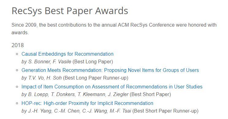 学界|推荐系统顶会RecSys2018最佳论文奖出炉 因果嵌入推荐与用户研究成为焦点