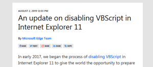 漏洞多得补不完，微软本月将关闭Windows 7、8上IE11的VBScript
