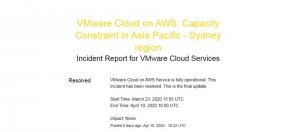 Cloud周报第61期：VMC on AWS于澳洲雪梨发生容量限制状况，历时18天才落幕