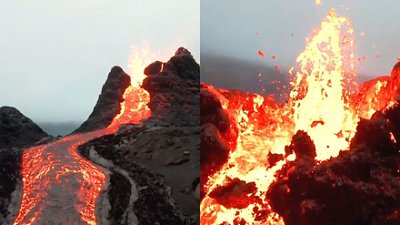 无畏炽热熔岩！航拍机飞越冰岛火山